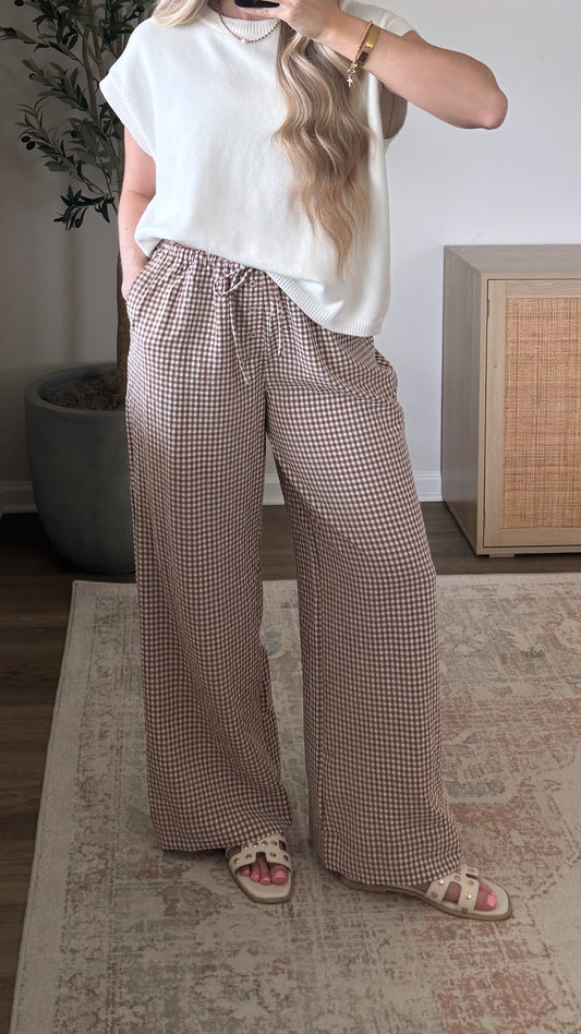 Gingham Wide Leg Pant / Brown