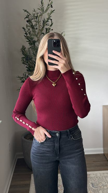 Pearl Mock Neck Top / Maroon