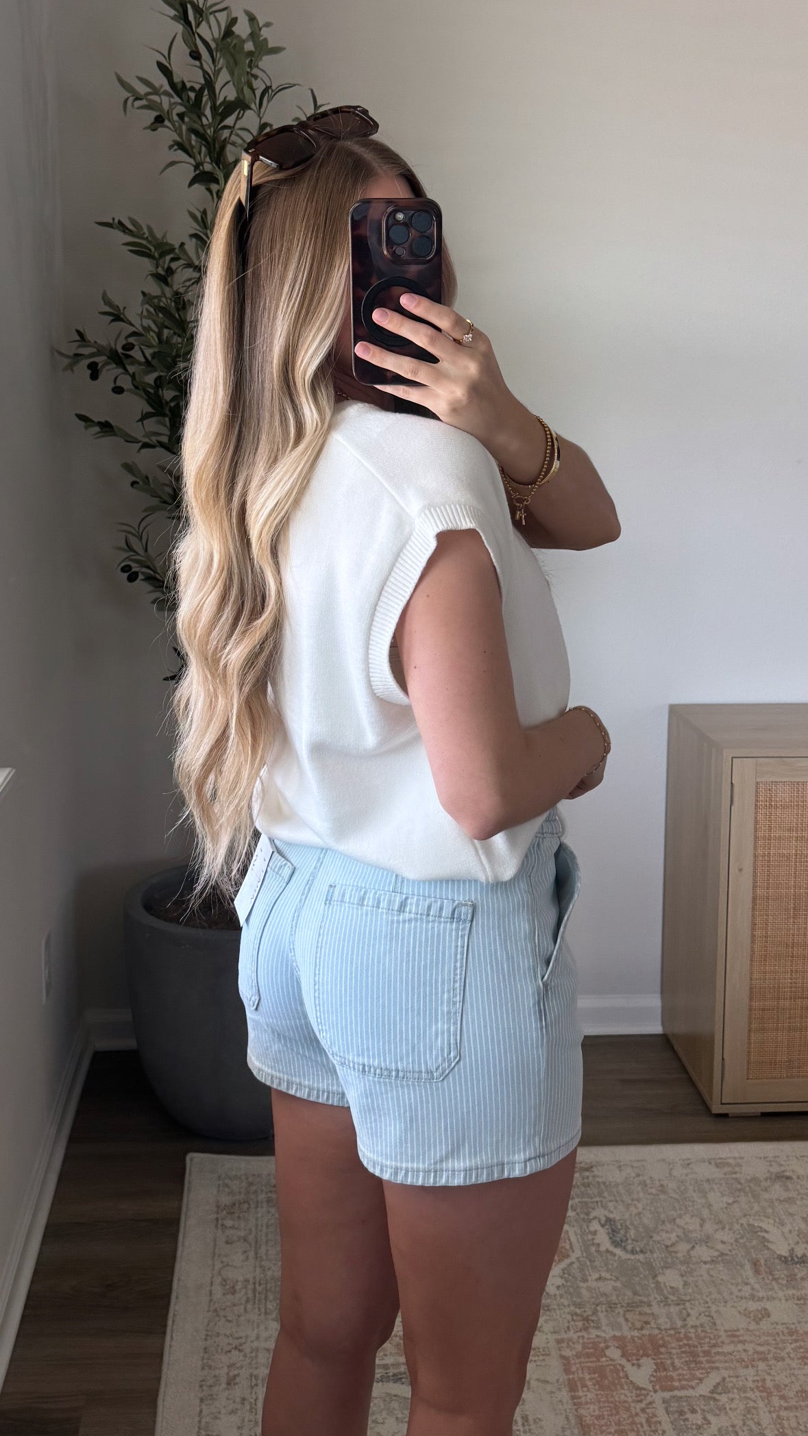 Pinstripe Drawstring Shorts / Light Wash