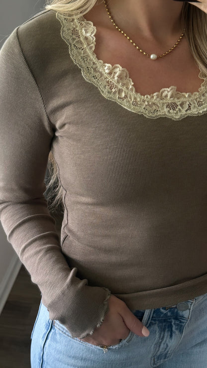 Long Sleeve Lace Top / Dusty Olive