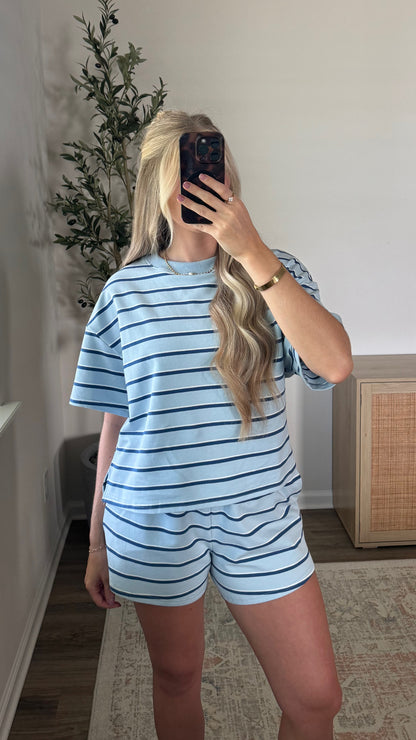Sierra Striped Shorts Set / Light Blue + Navy