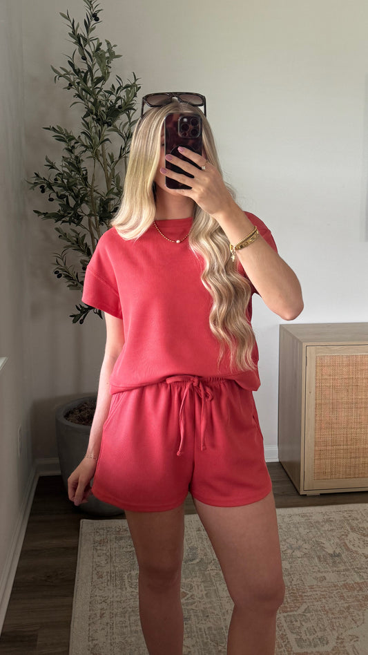 Ribbed Shorts Set / Orange Red