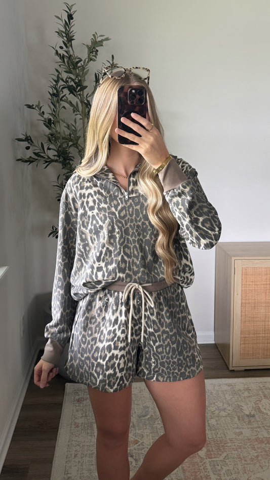 Leopard Quarter Zip Shorts Set