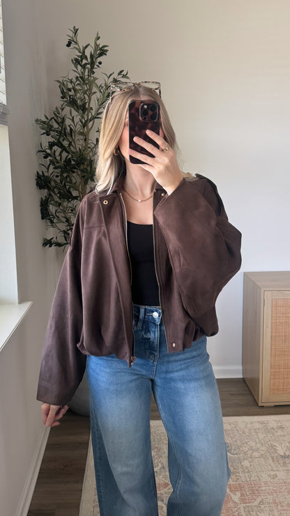 Faux Suede Bomber Jacket / Brown