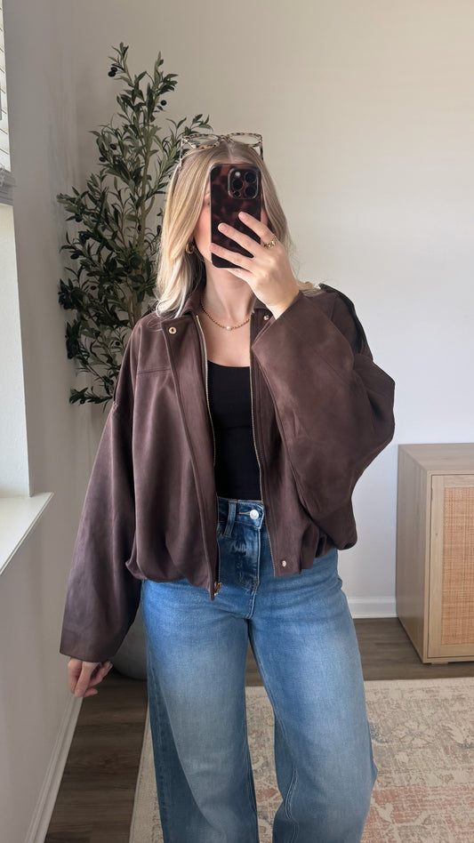 Faux Suede Bomber Jacket / Brown