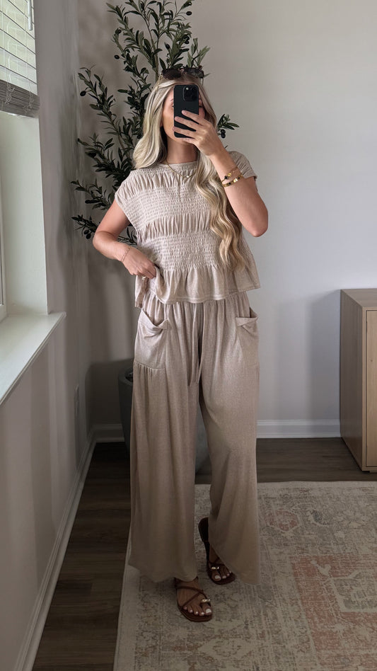 Smocked Wide Leg Set / Beige