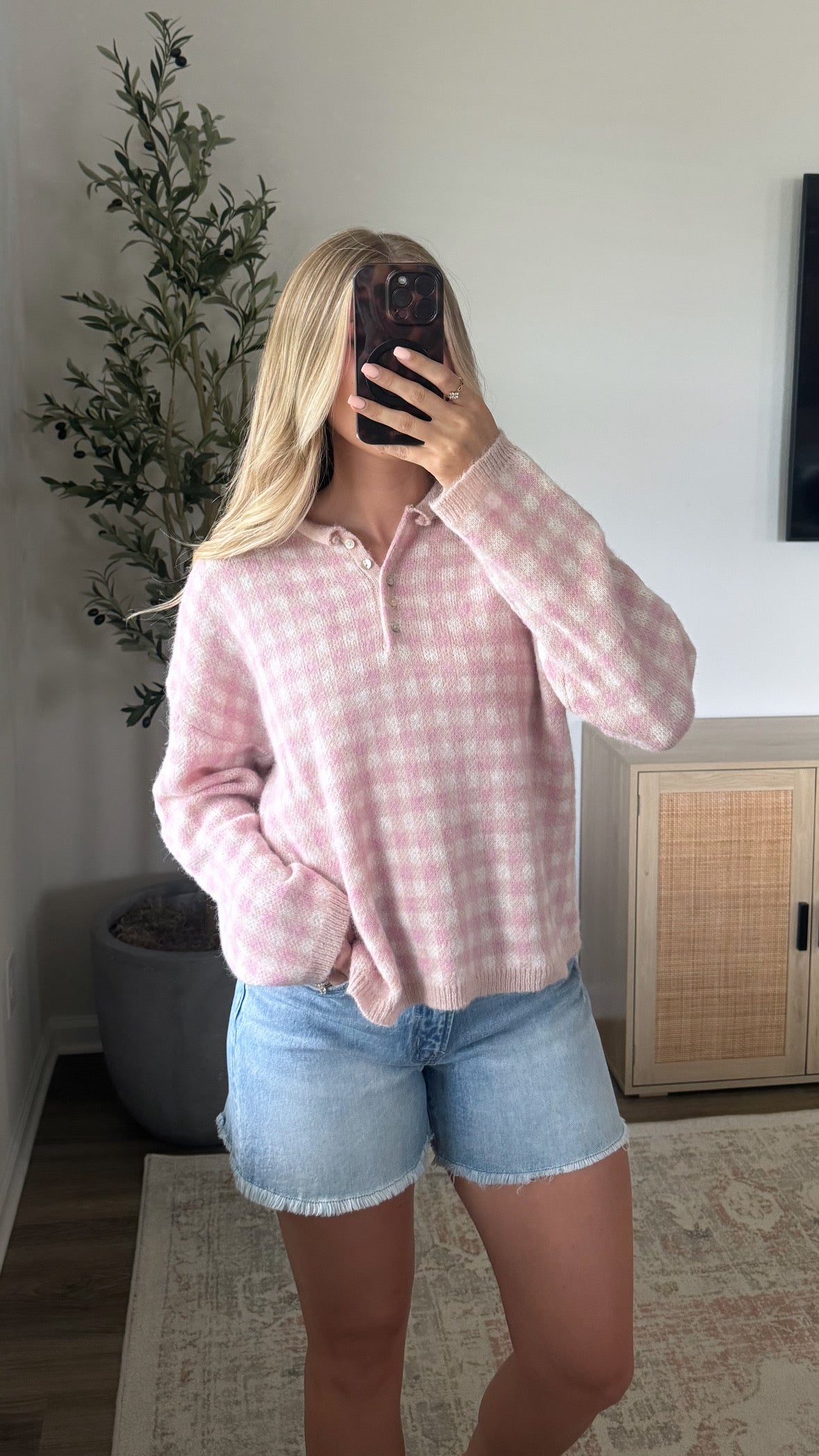 Pink Gingham Henley Sweater