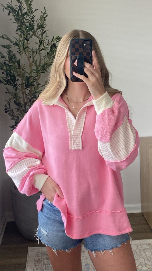 Stay Free French Terry Pullover / Pink + Cream