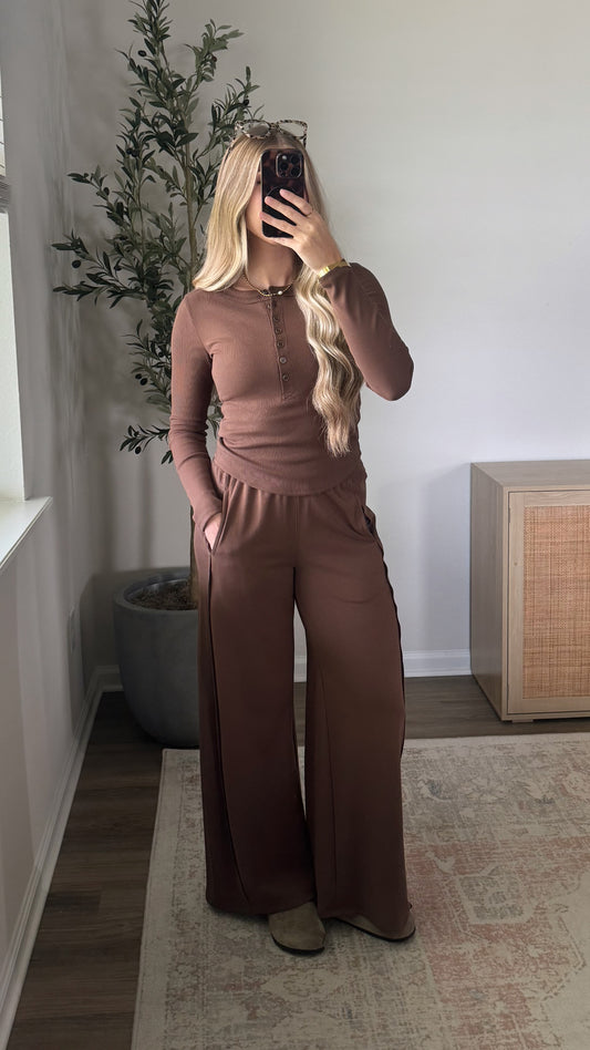 Henley Wide Leg Pants Set / Light Brown