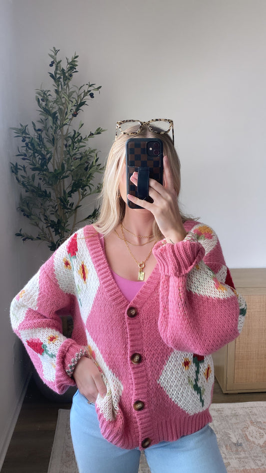 Diamond Knit Cardigan / Pink