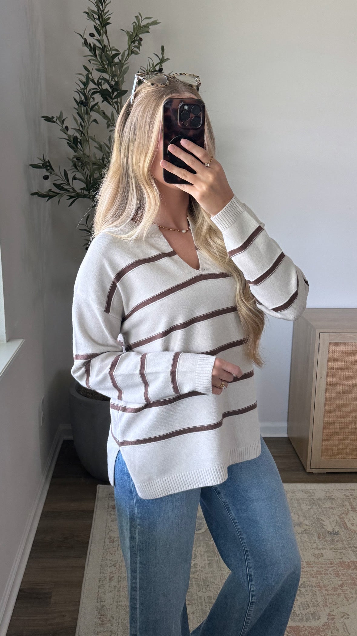 PREORDER (Estimated to shop 8/28) - Julia Striped Sweater / Cream + Brown