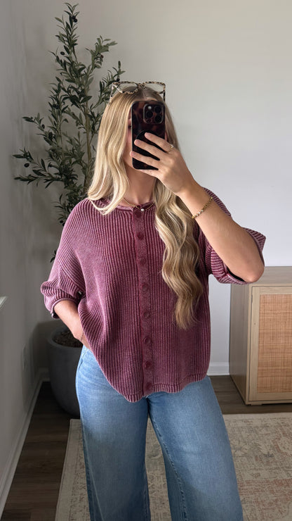 Fireside Short Sleeve Cardigan / Burgundy