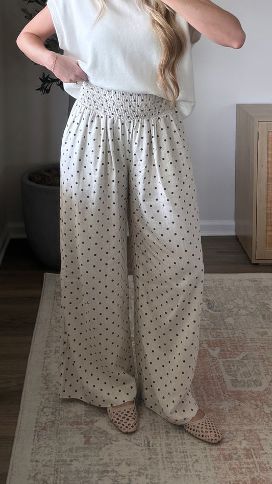 Dotted Linen Pants / Brown + Cream