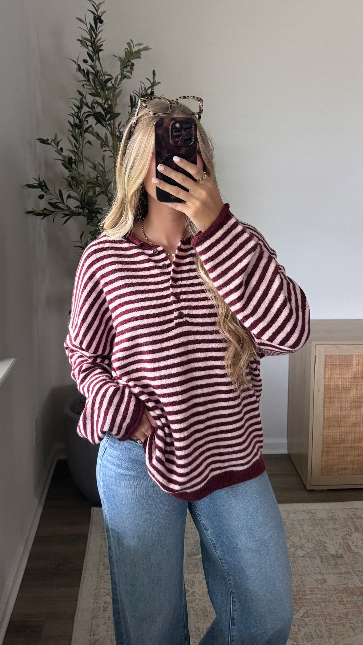 PREORDER (estimated to ship 8/14) - Chelsey Striped Henley Sweater / Burgundy + Pink