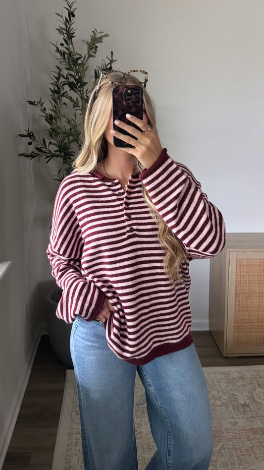PREORDER (estimated to ship 8/14) - Chelsey Striped Henley Sweater / Burgundy + Pink