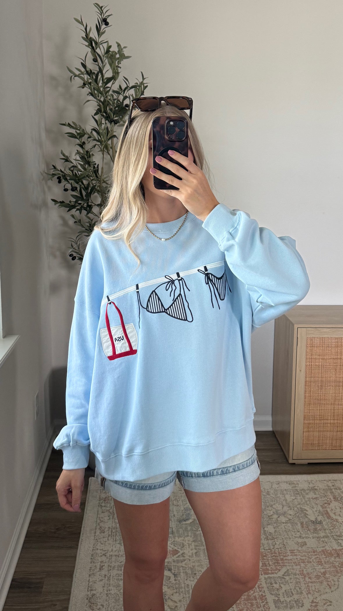 USA Bikini Embroidered Pullover / Light Blue