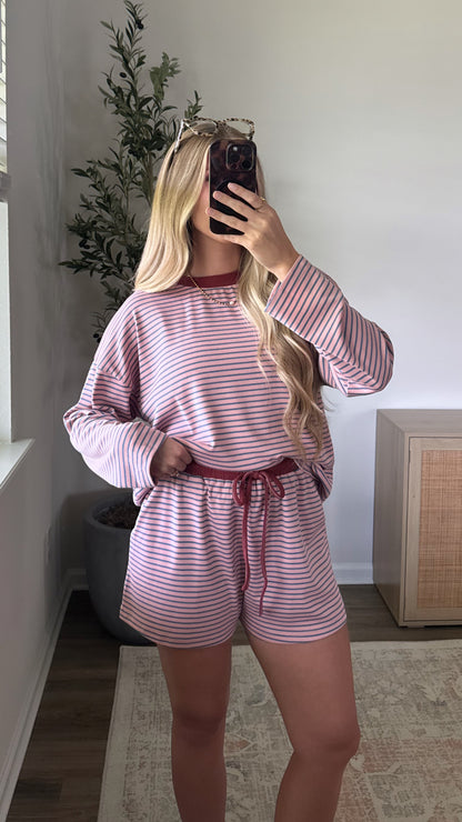 Kayla Long Sleeve Striped Shorts Set / Pink + Burgundy