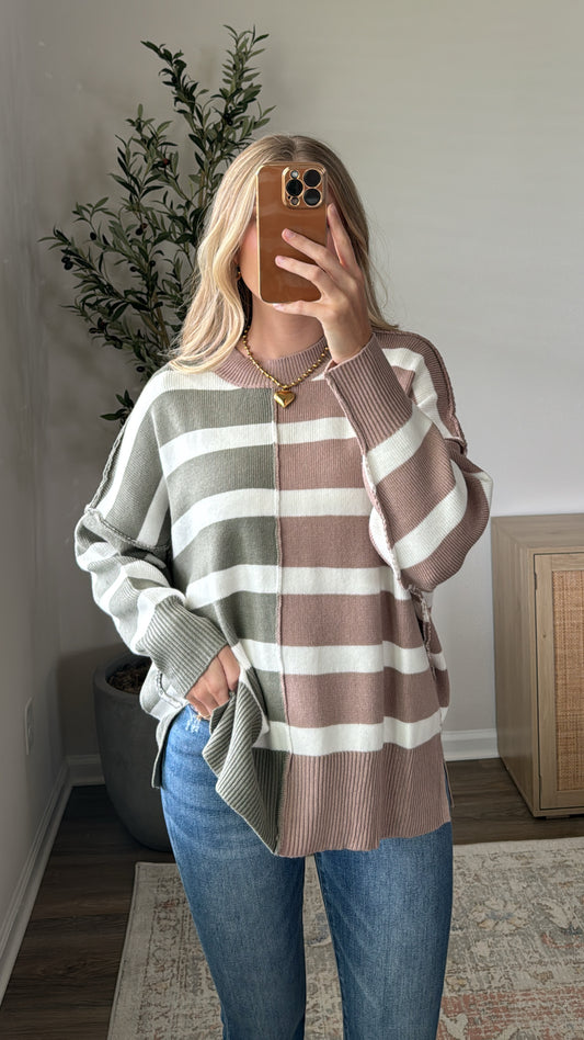 Contrast Striped Sweater / Sage + Tan