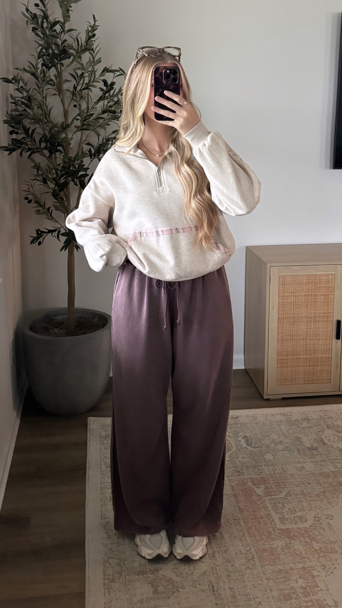 Plaid Trim Quarter Zip / Oatmeal + Pink