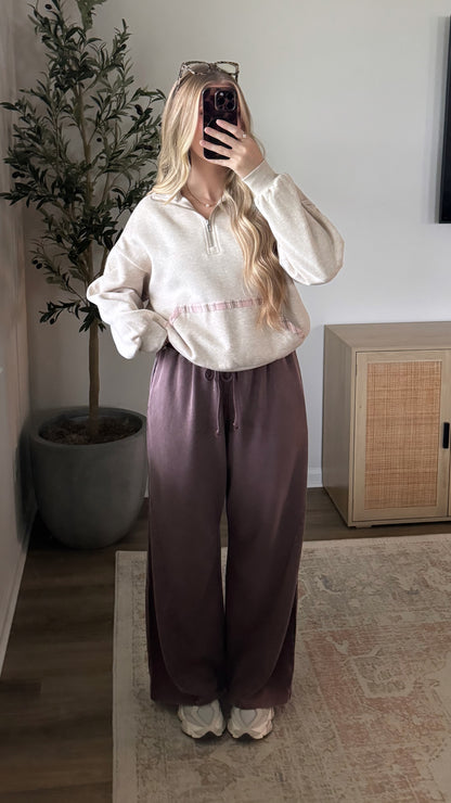 Plaid Trim Quarter Zip / Oatmeal + Pink