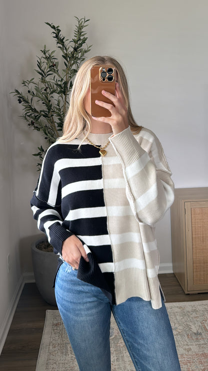 Contrast Striped Sweater / Black + Cream