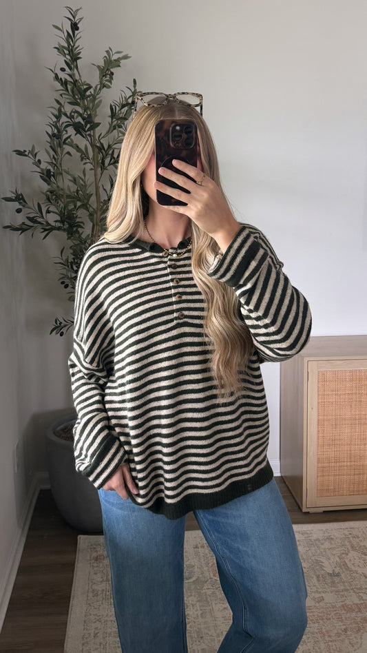 Chelsey Striped Henley Sweater / Olive Green