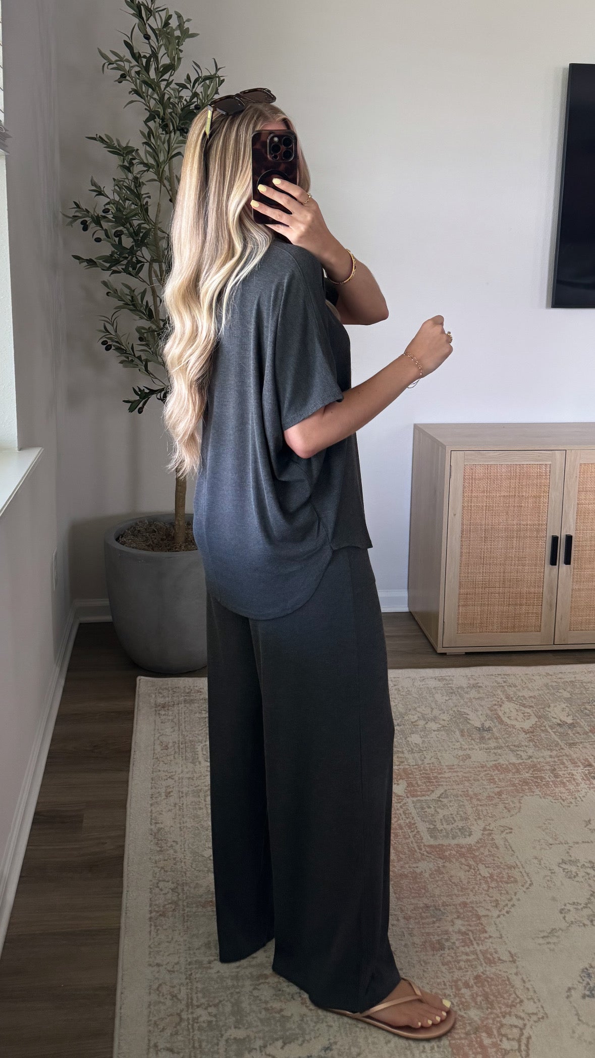 Rayon Ribbed Pants Set / Charcoal