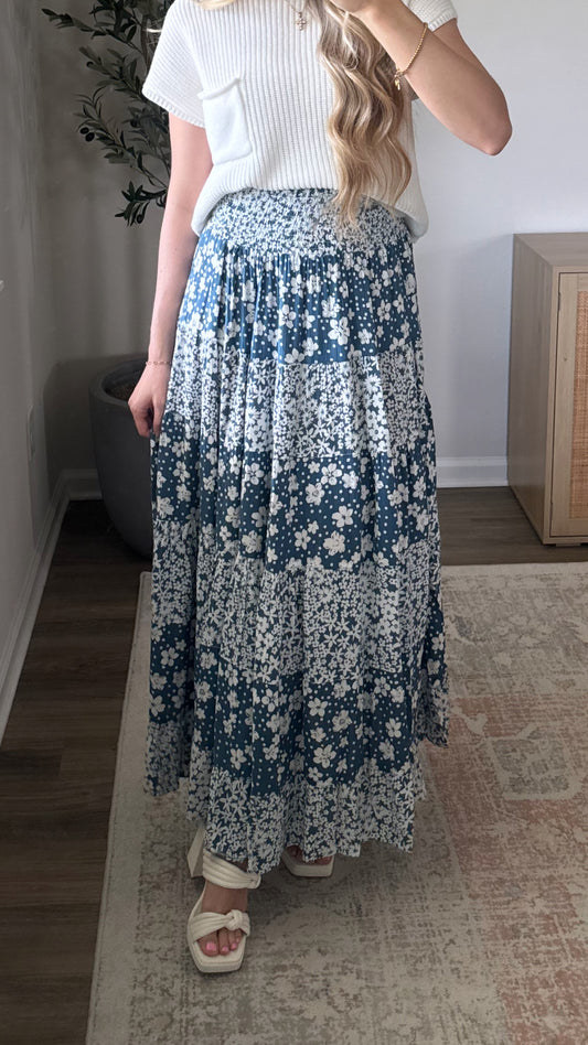 Floral Maxi Skirt / Dark Blue