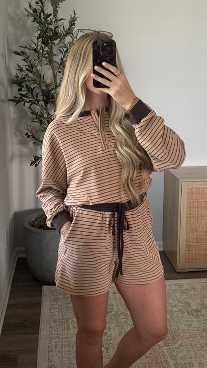 Striped Henley Shorts Set / Latte