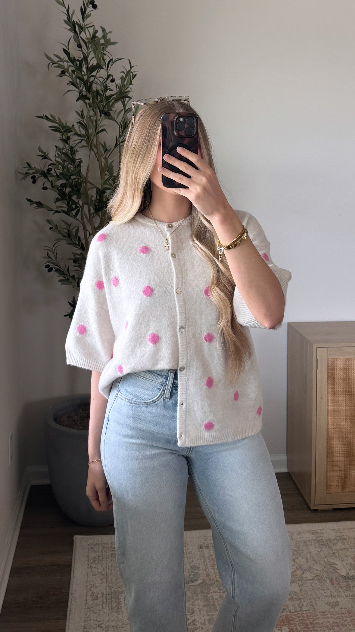Short Sleeve Cardigan / Pink Polka Dots
