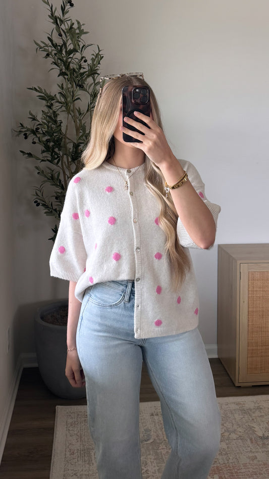 Short Sleeve Cardigan / Pink Polka Dots