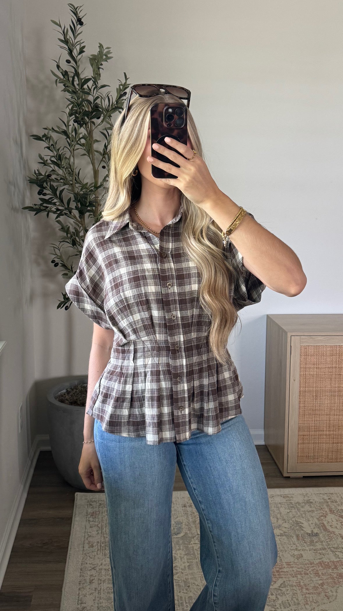 Cinched Plaid Blouse / Brown