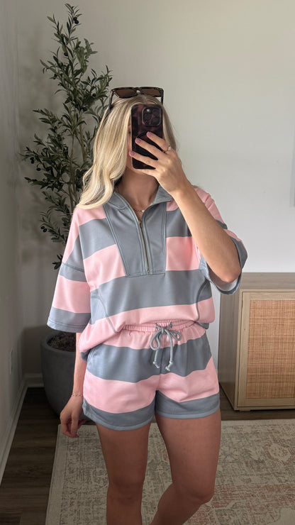 Retro Shorts Set / Grey + Pink