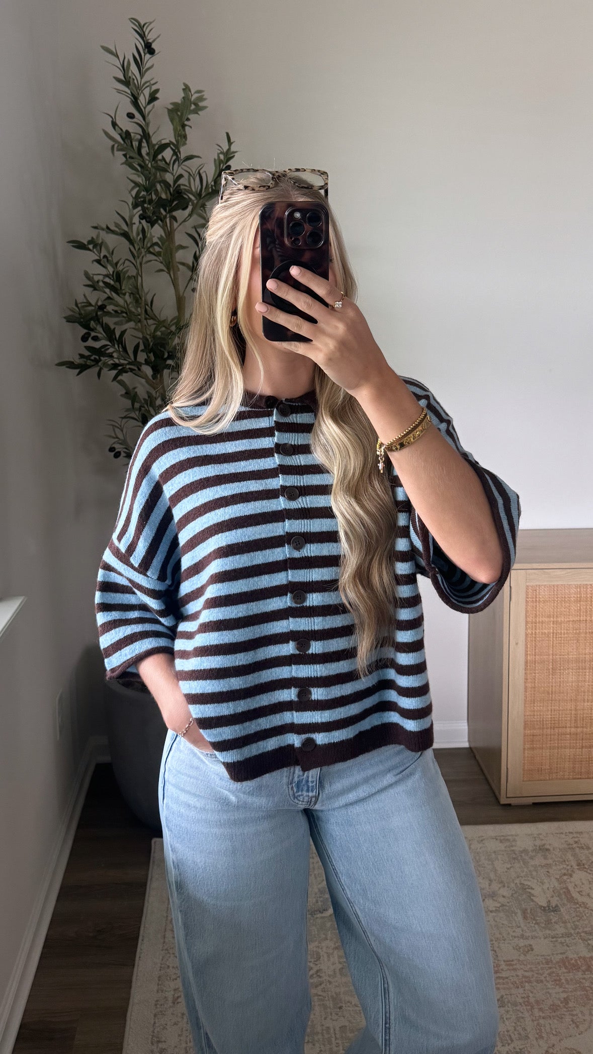 Riley Striped Cardigan / Blue + Brown
