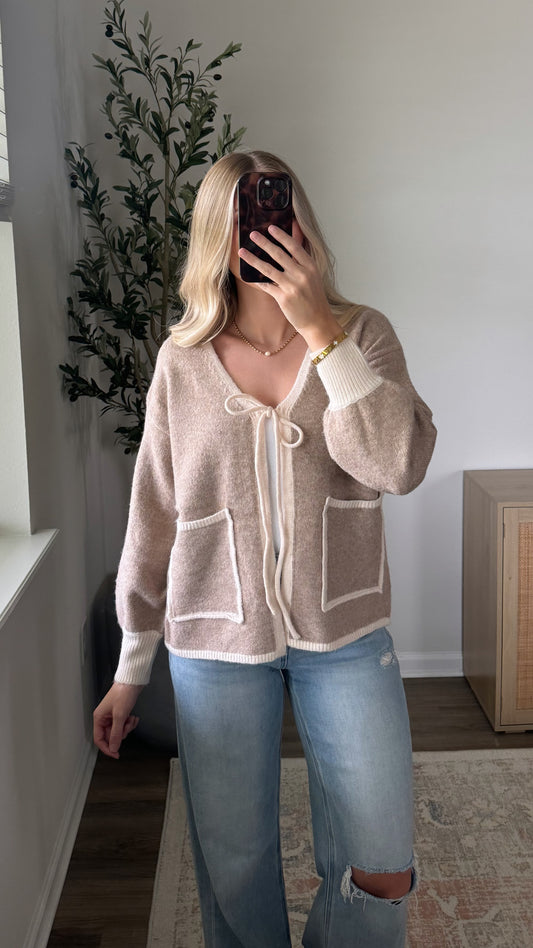 Contrast Front Tie Cardigan / Taupe