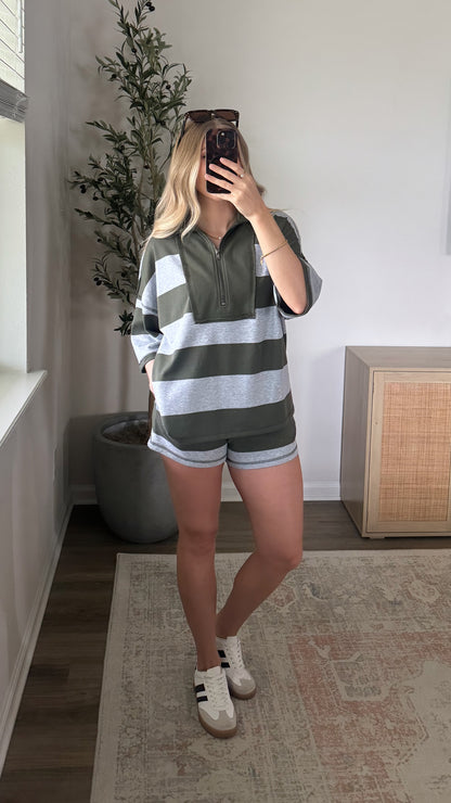 Retro Striped Shorts Set / Olive + Grey