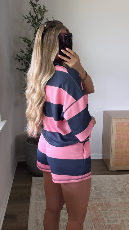 Retro Shorts Set / Navy + Pink