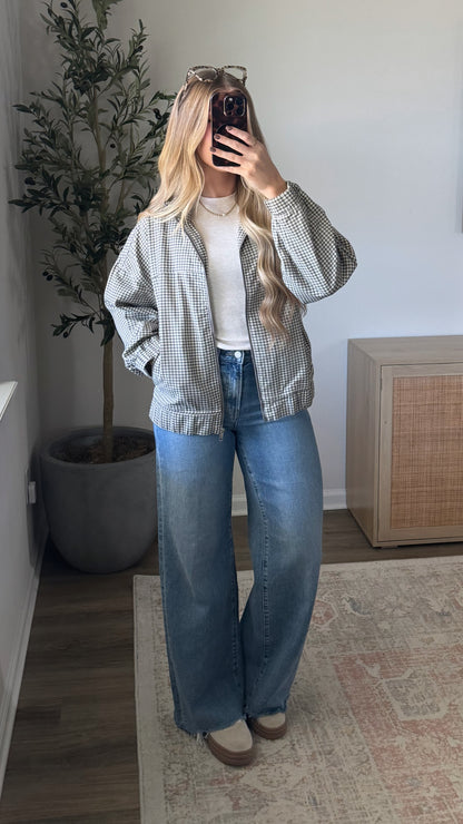 Gingham Bomber Jacket / Charcoal + Tan