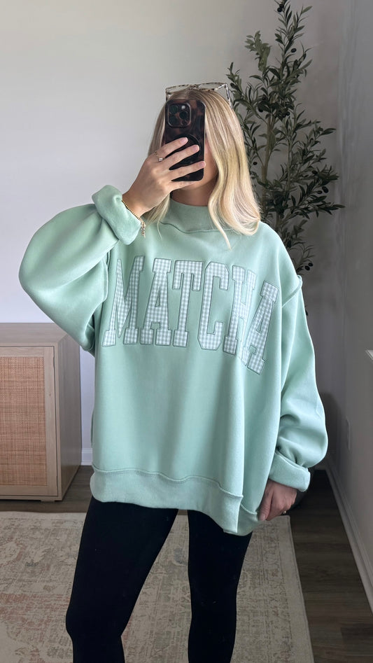 Matcha Embroidered Mock Neck Sweatshirt / Green