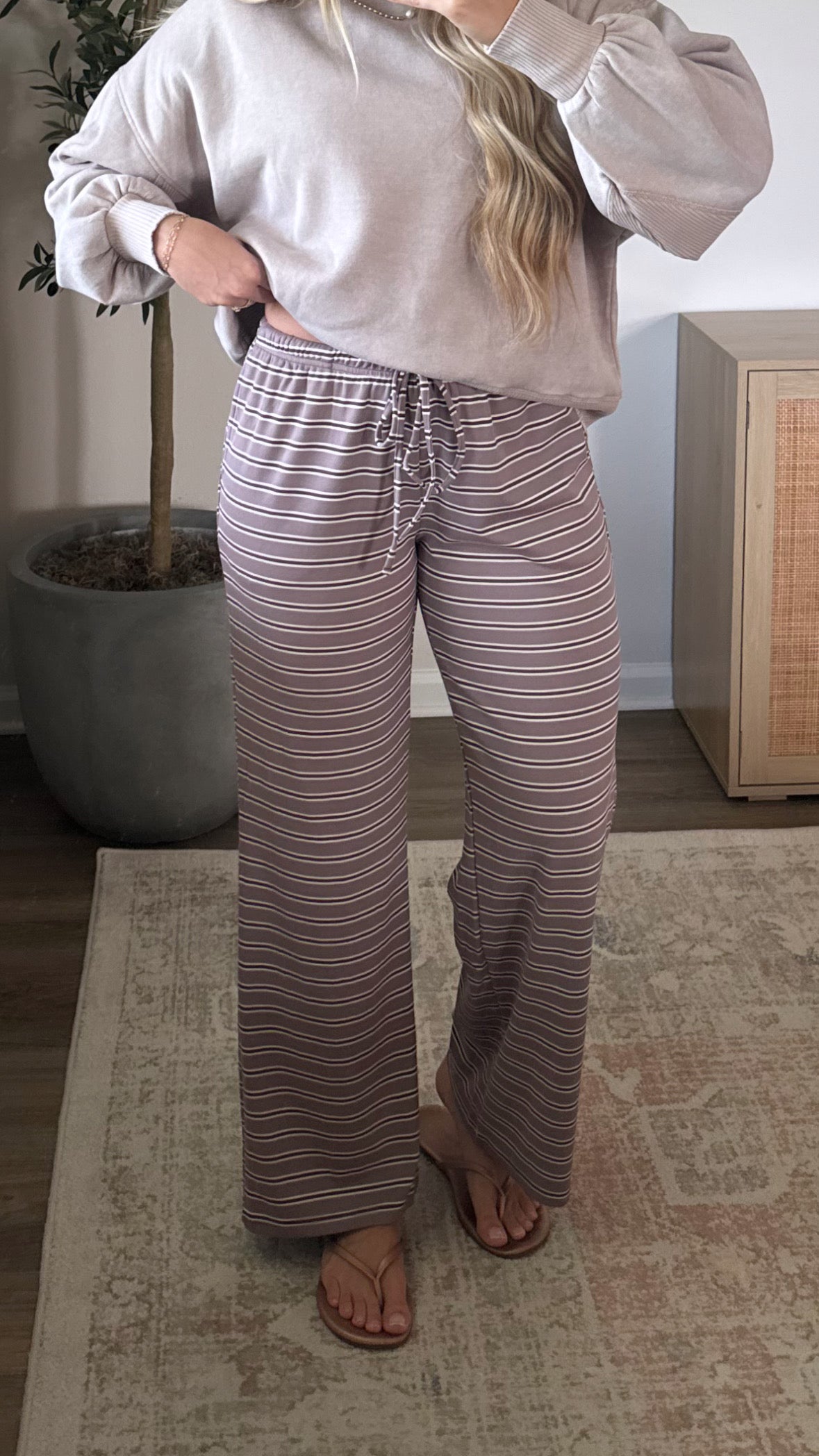 Mid Waisted Striped Pants / Mauve + Brown