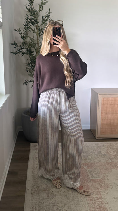 Striped Lace Trim Pants / Mocha