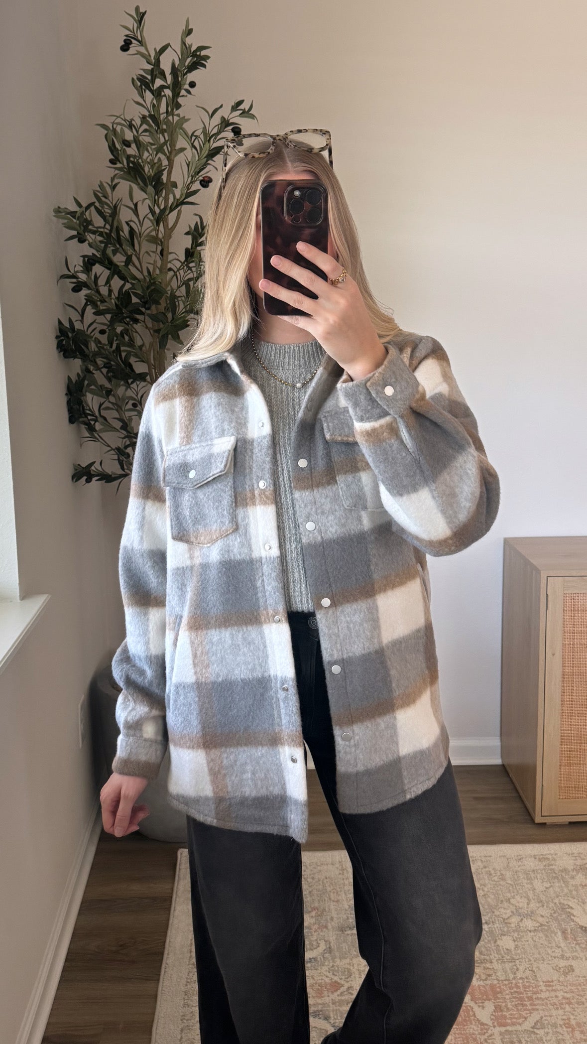 Plaid Brushed Jacket / Blue + Grey