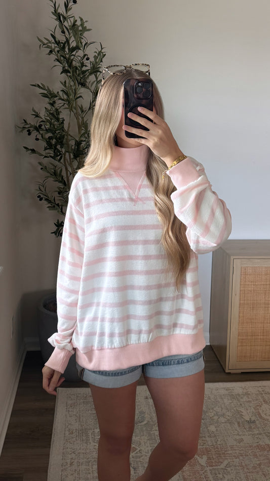 Striped Mock Neck Sweatshirt / Pink
