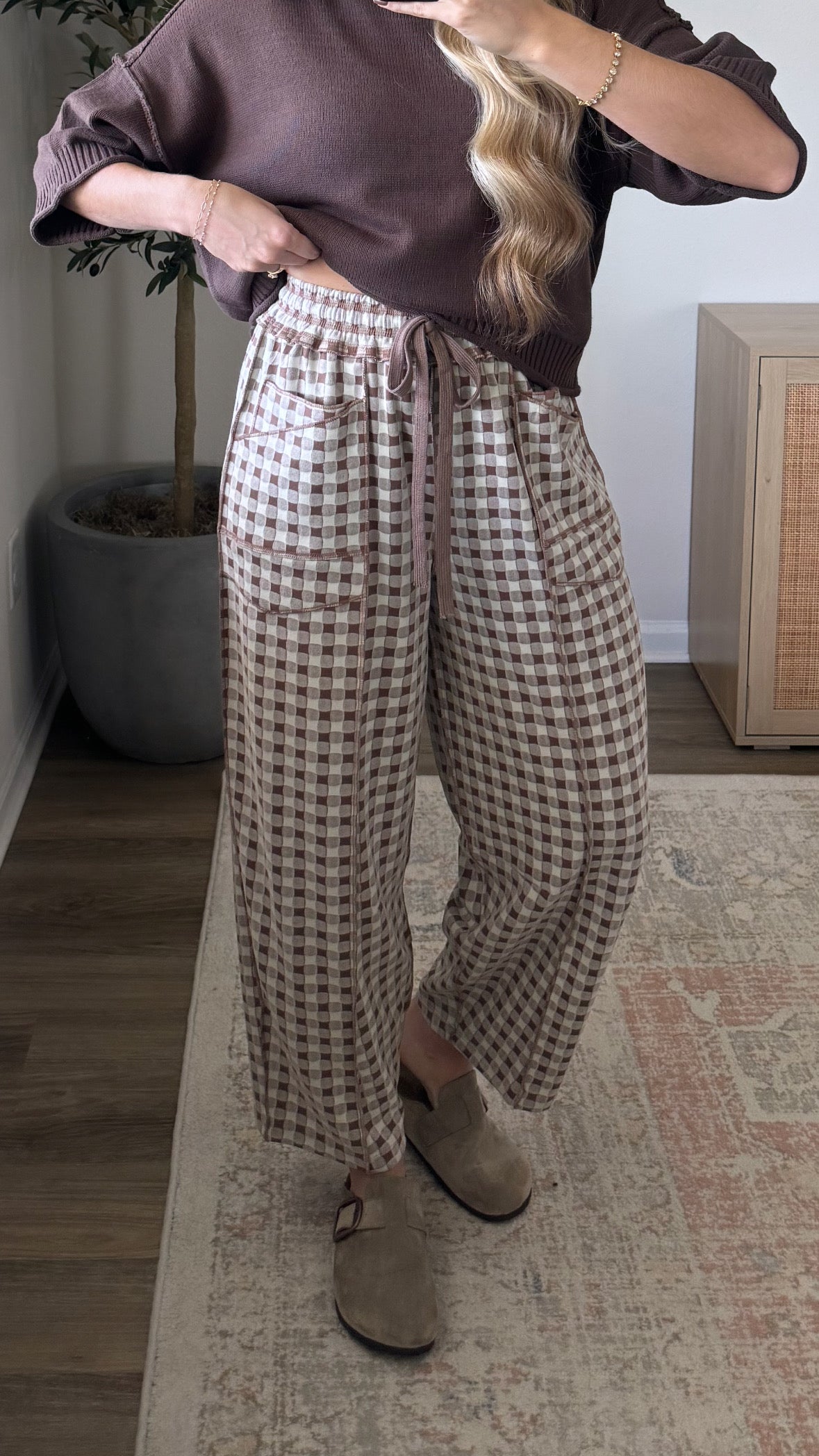 Gingham Brushed Barrel Pants / Brown