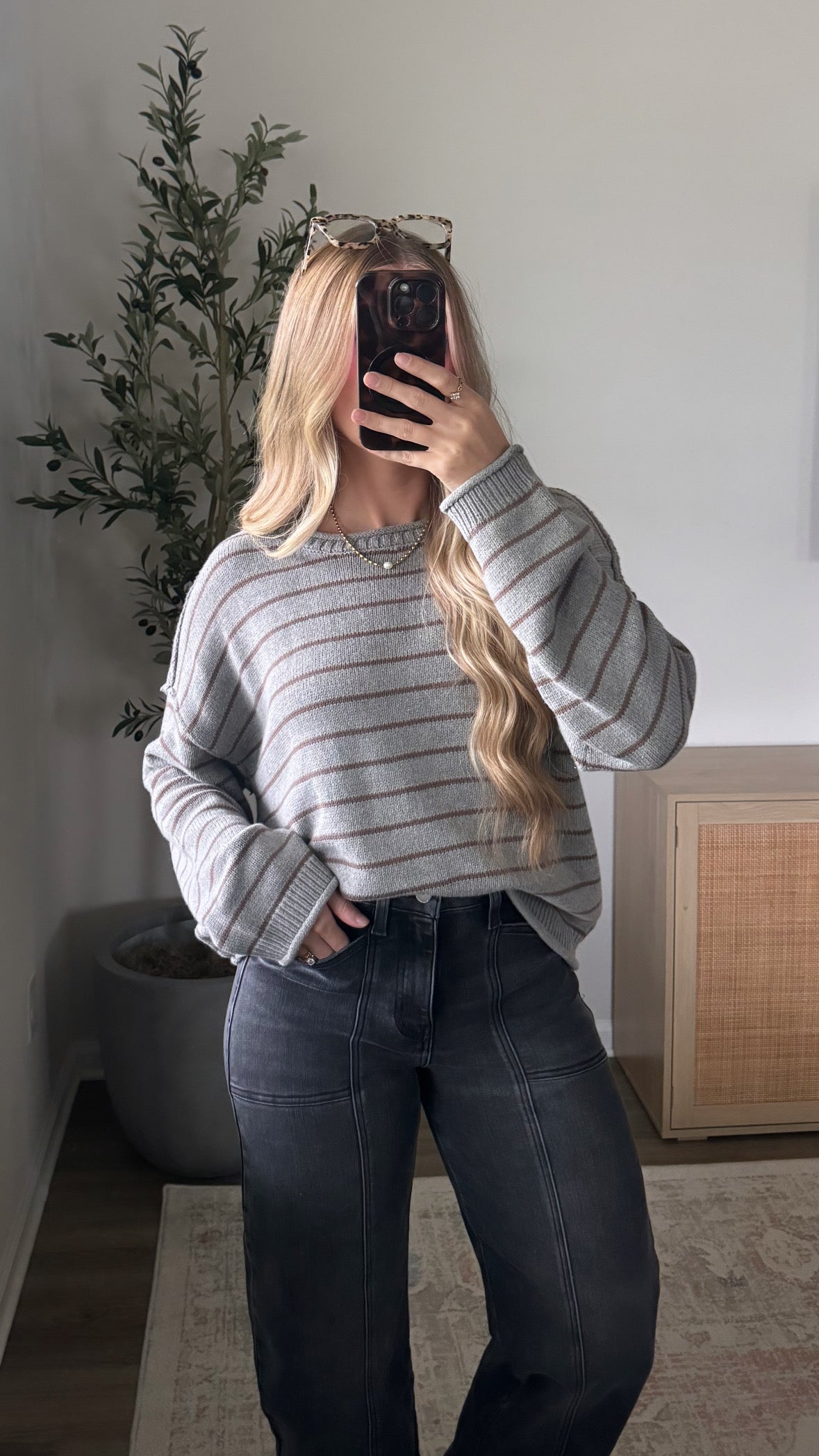 Aria Striped Sweater / Grey + Brown