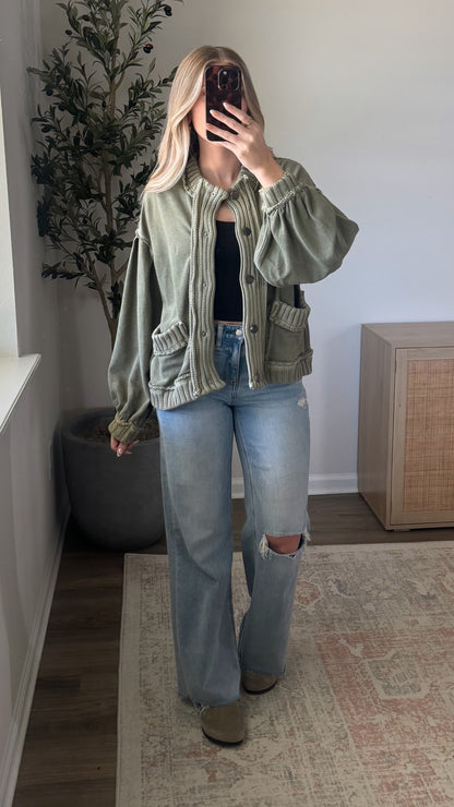 Ella Button Down Cardigan / Olive Green