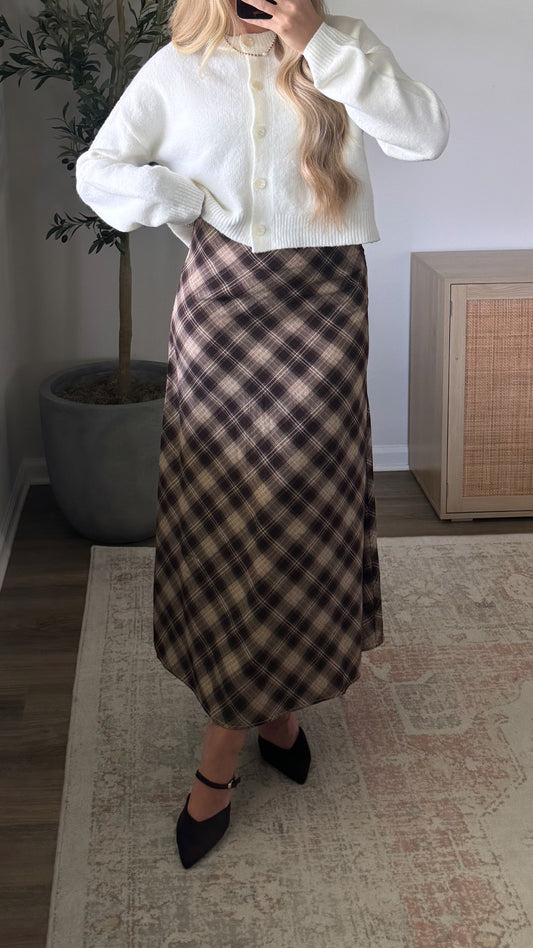 Plaid Midi Skirt / Dark Brown