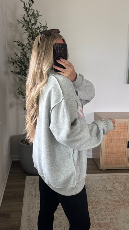 Mother Embroidered Mock Neck Sweatshirt / Grey + Pink