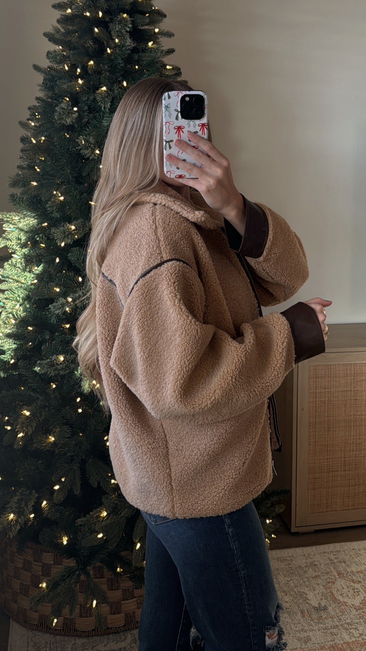 Faux Leather Sherpa Jacket / Mocha