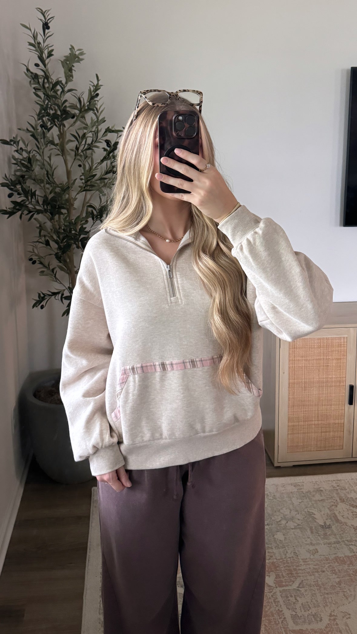 Plaid Trim Quarter Zip / Oatmeal + Pink